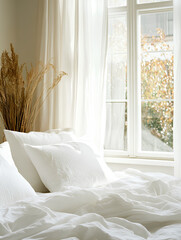 Aerial view of a meticulously styled bed with plush white pillows silky textures and organic folds in soft natural light creating a sophisticated ambiance  
