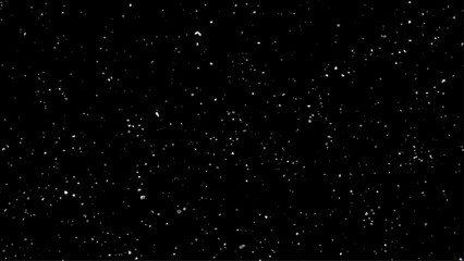 Falling snow isolated on black background. Nature Winter texture with motion real snowflakes in calm weather. Beautiful natural pattern of snow. 