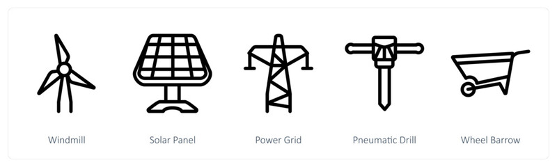 A set of 5 industry icons as windmill, solar panel, power grid