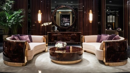 Sophisticated luxury apartment living room with high-end furniture, elegant lighting, and modern dcor.