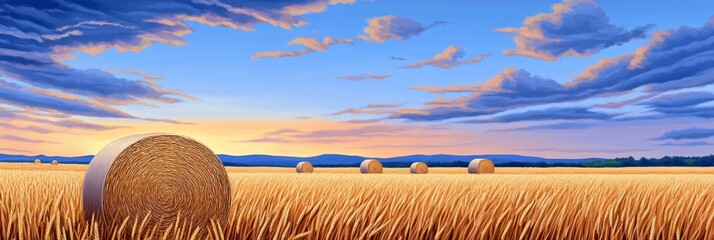 Golden Hay Bales at Sunset - Serene sunset over a golden wheat field with hay bales. Peaceful rural landscape.