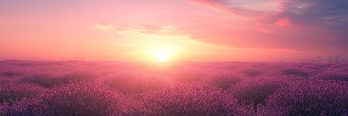 Obraz premium Lavender Field Sunset Panorama - Serene sunset over a vast lavender field, bathed in warm, soft light. Peaceful and idyllic scene.