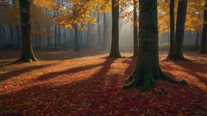 Fototapeta premium Sunlit Autumn Forest Floor with Fallen Leaves