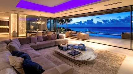 Fototapeta premium Spacious luxury living room with a panoramic window, velvet sofa, marble coffee table, and chic decorative accents in soft lighting.