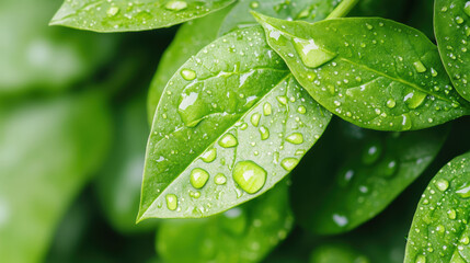 Fresh Green Leaves with Water Droplets Close Up in Natural Setting