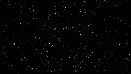 Falling small factured snow on a black background. Starry night sky. Galaxy space background. Glowing stars in space. Night sky with plenty stars.  