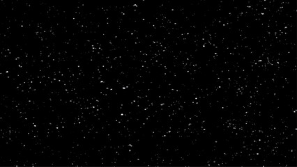Falling small factured snow on a black background. Starry night sky. Galaxy space background. Glowing stars in space. Night sky with plenty stars.  