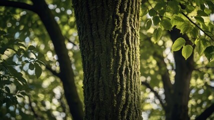 Fototapeta premium Sunlit Mossy Tree Trunk in Verdant Forest