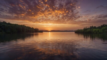 Fototapeta premium Serene Sunset over Still Lake and Lush Forest