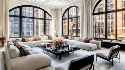 Fototapeta premium Sunlit contemporary loft living room with an elegant sofa, large windows, and stylish interior design elements.