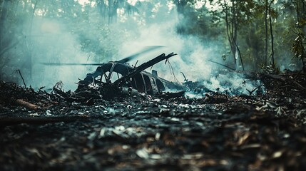Close-up of helicopter wreckage in dense forest with smoke rising and scattered debris, depicting destruction and disaster aftermath,ideal for emergency response, aviation safety, environmental impact