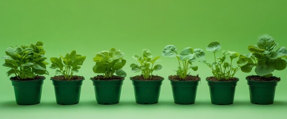 Time-lapse representation showcases different stages of seedling growth in small green pots. Each plant displays vibrant greens, highlighting their development. With copy space for text