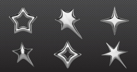 Metallic chrome stars collection - silver 3d shapes with reflective surfaces, y2k style geometric elements, hollow and solid decorative objects with glossy finish on dark transparent background.