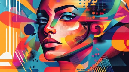 modern artistic portrait featuring a face surrounded by vibrant lines and color blocks, in a playful yet sophisticated design