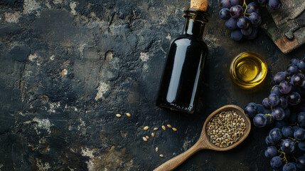 bottle of grape seed oil with fresh grapes and seeds on rustic surface, showcasing natural ingredients and healthy cooking options