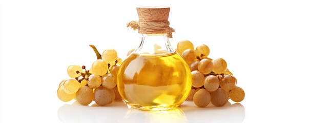 clear bottle of grape seed oil sits beside fresh grapes, showcasing its golden hue. This evokes sense of natural beauty and health benefits
