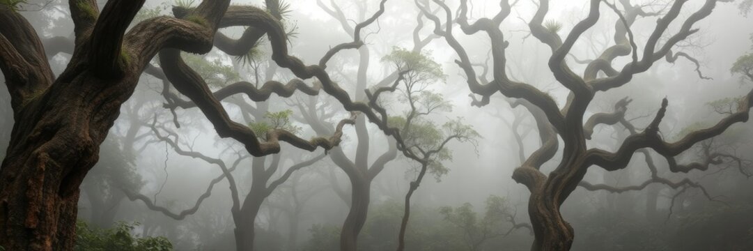Dense fog envelops ancient rainforest trees with gnarled trunks and twisted branches, misty landscape, eco-friendly