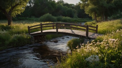 Serene Wooden Bridge Spanning a Pastoral Stream