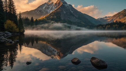 Fototapeta premium Serene Mountain Lake Reflection at Dawn