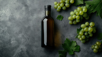 Obraz premium close up of sleek bottle of oil surrounded by fresh green grapes and leaves, showcasing natural and healthy lifestyle. rich textures and colors evoke sense of freshness and vitality