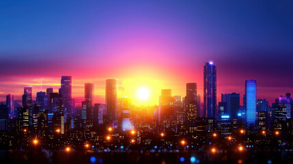 Fototapeta premium vibrant city skyline is illuminated by setting sun, casting colorful hues across sky and reflecting off tall buildings. scene captures bustling energy of urban life at dusk