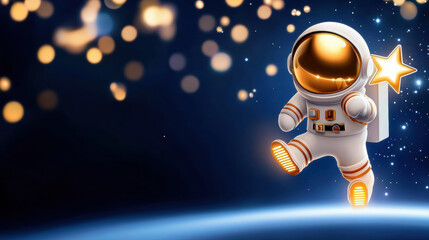 cheerful astronaut floats in space holding glowing star, surrounded by bokeh lights. scene captures sense of wonder and adventure against dark cosmic background