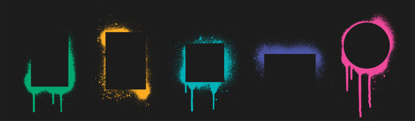 Graffiti stencil frames with neon spray effect - geometric shapes of rectangle, square and circle borders in vibrant colors with drips and scattered particles on dark background. Street art elements. © klyaksun