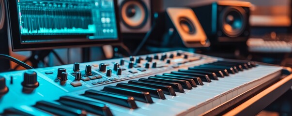 Modern music production studio with a professional audio mixing console, keyboard, and speakers, perfect for creative sound recording and mixing.