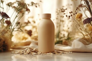 Creamy oat milk in a glass bottle surrounded by oats and wildflowers