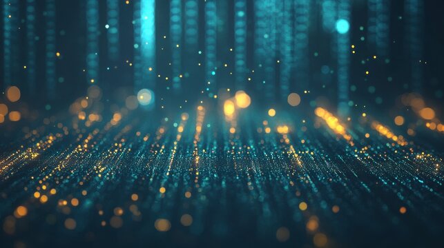 A professional futuristic data visualization dashboard with holographic elements glowing in teal and gold over a dark gradient