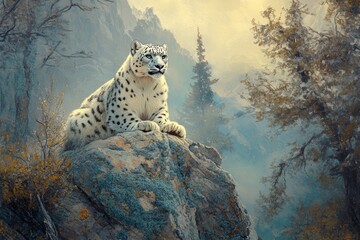 A majestic snow leopard rests on a rocky outcrop, overlooking a misty mountain valley.