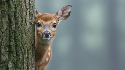 Curious fawn peeking from behind tree trunk