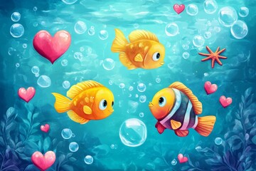 Fototapeta premium Underwater Love Story - Three colorful fish swim amidst bubbles and hearts in a vibrant underwater scene. A sweet and charming illustration.