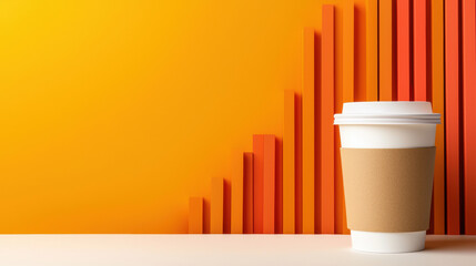 trendy coffee cup with cardboard sleeve is placed against vibrant orange background featuring ascending bar graphs, creating modern and dynamic composition