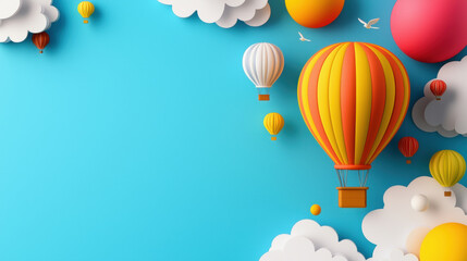 Obraz premium Colorful hot air balloons float among fluffy clouds in bright blue sky, creating whimsical and cheerful scene. vibrant colors and playful design evoke sense of adventure and freedom