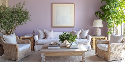 Fototapeta premium Serene Living Room with Lavender Walls and Wicker Chairs