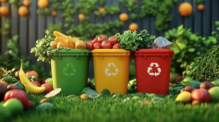 Stop Food Waste Today: Concept of Recycling Organic Waste with Colorful Bins Surrounded by Fresh Vegetables and Fruits in Lush Garden Setting