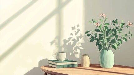 Sunlit Still Life With Flowers Books And Coffee Cup