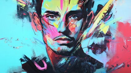 A portrait of a man with abstract brushstrokes in various colors, intertwining with geometric shapes and splashes of neon, giving the image an energetic and contemporary feel.