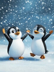 Fototapeta premium Playful Penguins in Winter Wonderland - Two adorable cartoon penguins joyfully playing in the snow, a charming winter scene.
