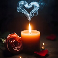 A romantic still life setup featuring a glowing candle and a red rose for Valentine's Day.