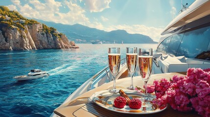 The wine glasses on the dining table of a yacht on the sea under the sunshine