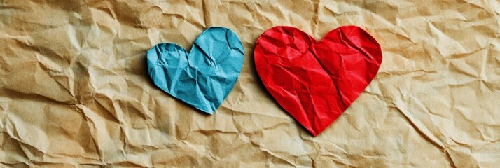 Crumpled Paper Hearts Day Wallpaper Stock Photo - Two crumpled paper hearts, one red and one blue, symbolize love, heartbreak, fragility, and the passage of time.  A textured background adds depth.