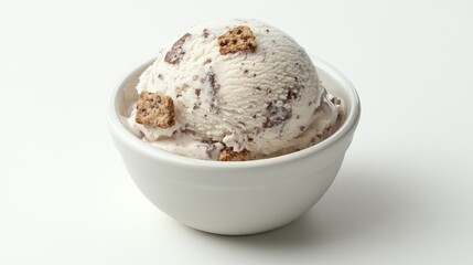A scoop of rich cookies and cream ice cream with visible cookie chunks, served in a small white bowl, isolated on a white background