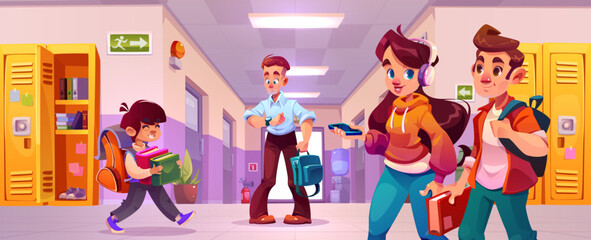 School corridor with people - child pupil carry books and backpacks, teacher check time, teenage students walk and talk. Yellow lockers, emergency signs and exit door in educational facility hallway.