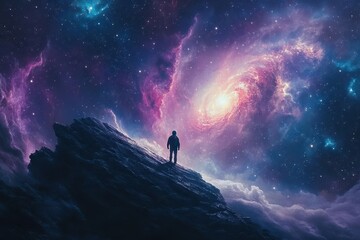 Lone Figure Contemplates Cosmic Nebula From Mountaintop