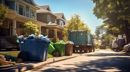 Collection of colorful garbage bins on suburban street with recycling truck collecting waste for environmentally friendly disposal and processing