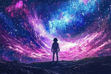 Astronaut contemplates vibrant cosmic nebula landscape