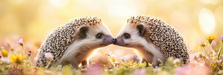 Obraz premium Hedgehogs Nose to Nose in Blossoms - Two hedgehogs gently touching noses amidst a field of vibrant flowers, symbolizing love, friendship, nature, tenderness, and springtime.