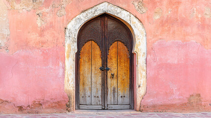 An ancient Arabic Moroccan oriental wooden door set against a pink cracked wall, providing space for copy.